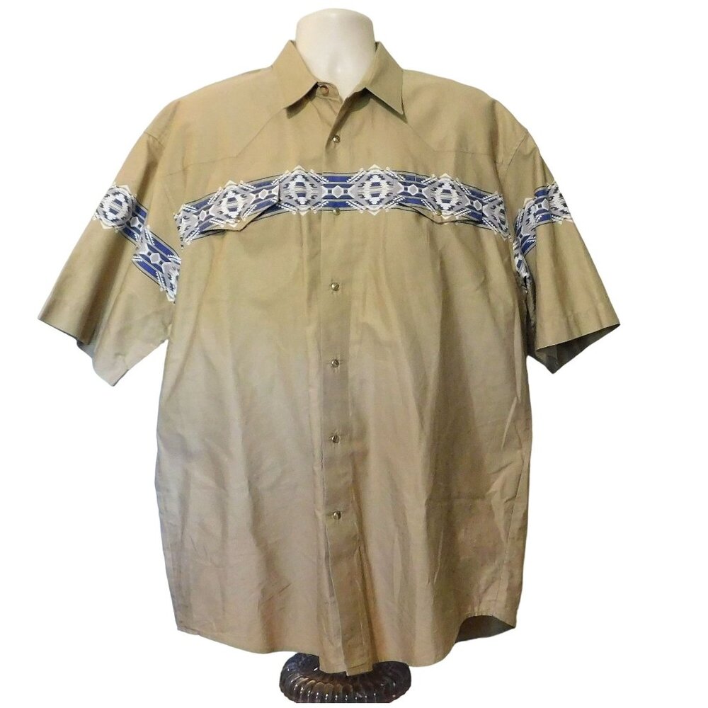 Roper Mens Western Shirt XL Tan Blue Geometric Print Short Sleeve Snaps